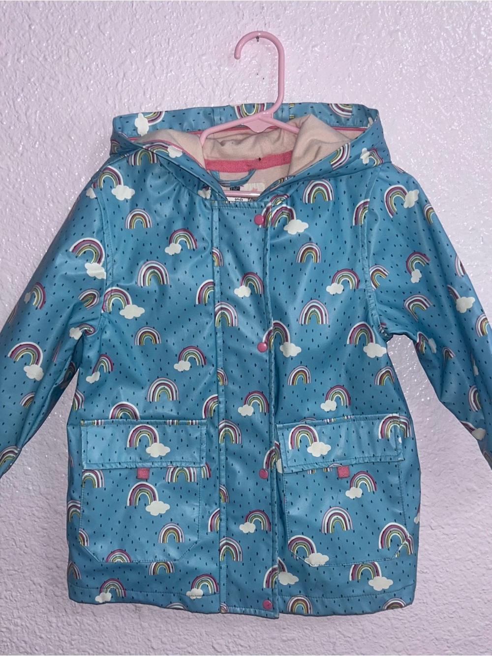 F&F Blue Hooded Raincoat with Rainbow & Cloud Print